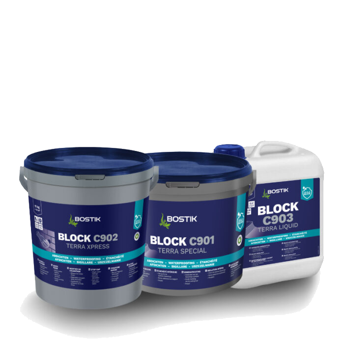 Bostik Zestaw Aquastopp: BLOCK C901 TERRA SPECIAL – reaktywny szlam hydroizolacyjny BLOCK C902 TERRA XPRESS – puder uszczelniający BLOCK C903 TERRA LIQUID – środek krzemowy